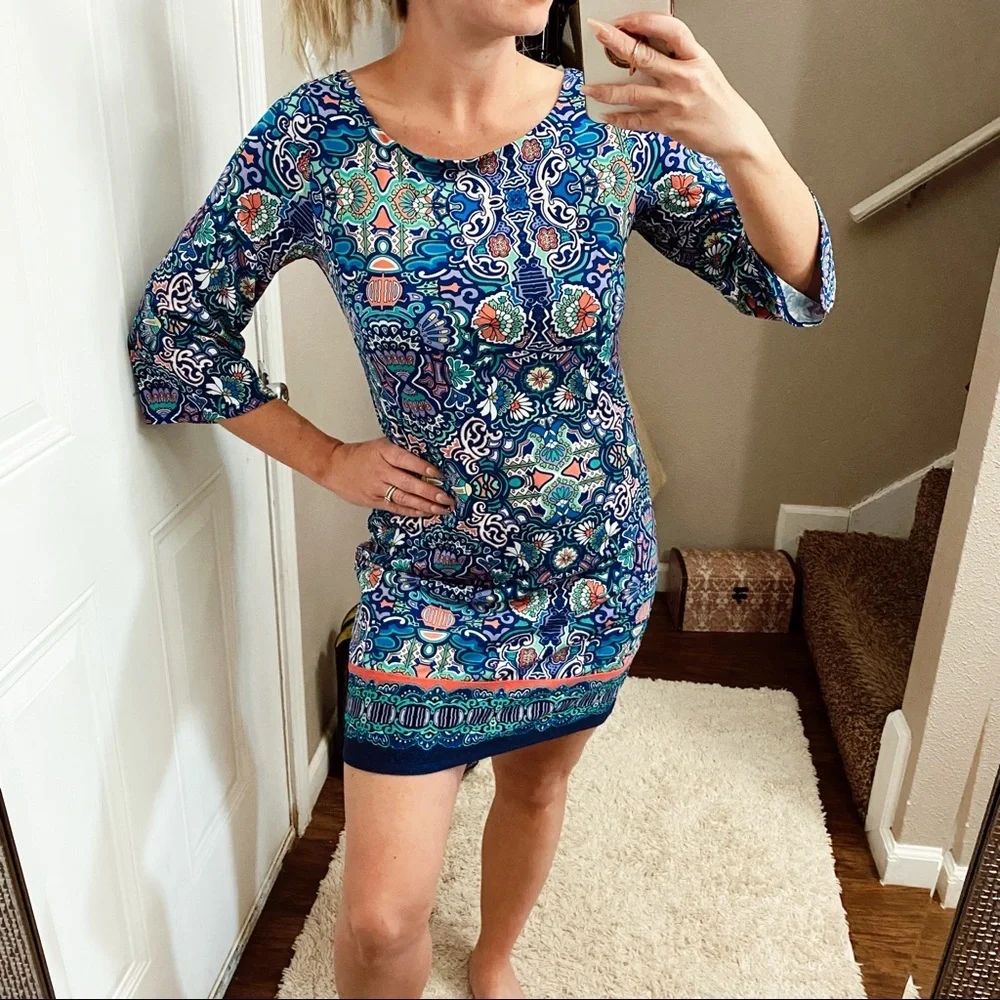 Laundry by Shelli Segal blue spring print flare sleeve shift dress size XS